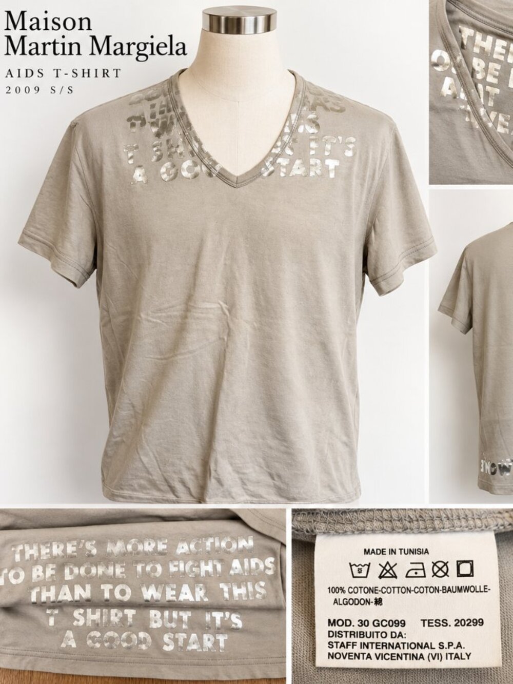 Maison Martin Margiela 2009 AIDS T Shirt 30 GC099 Gray Silver V Neck Archive